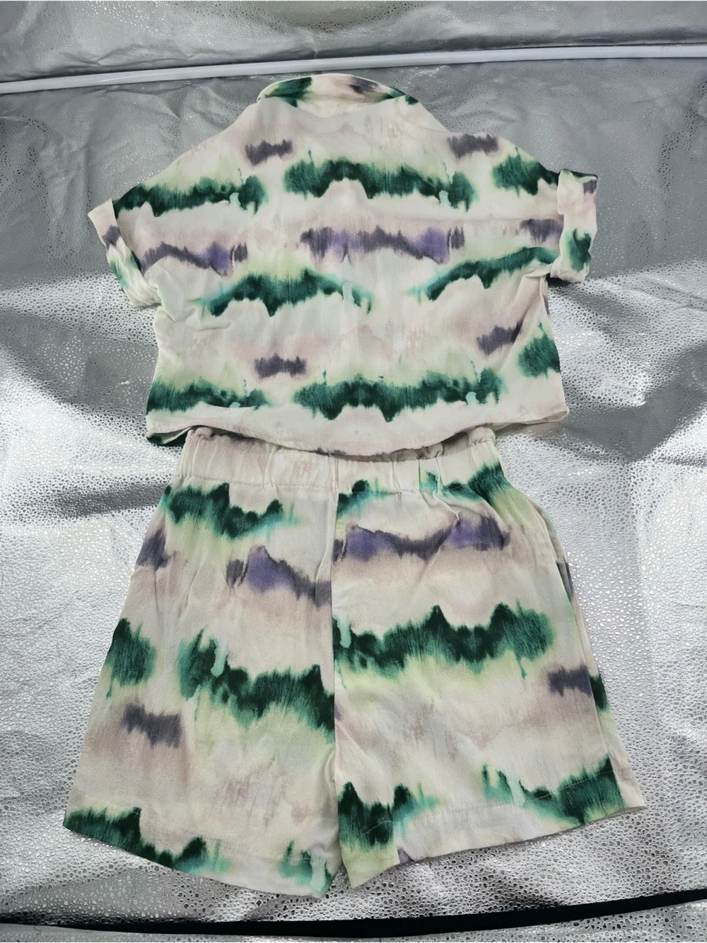 Zara Tie-Dye Matching Set Button-Down Shirt Breathable Elastic Waist Shorts XS